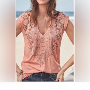 Johnny Was Women's  Calida Embroidered Cap-Sleeve Top Sz large Apricot Peach